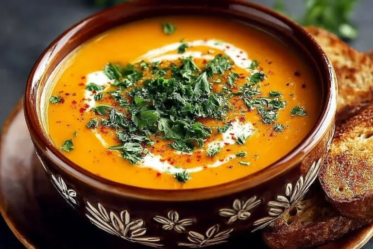 Creamy healthy butternut squash soup topped with herbs in a bowl