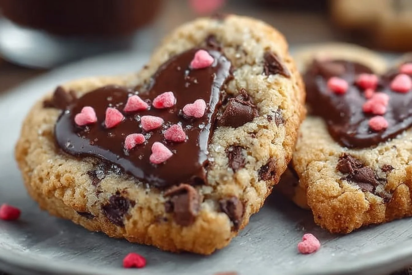 Heart-shaped chocolate chip cookies fresh out of the oven