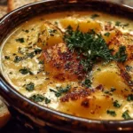 Bowl of hearty cheddar garlic herb potato soup topped with fresh herbs.