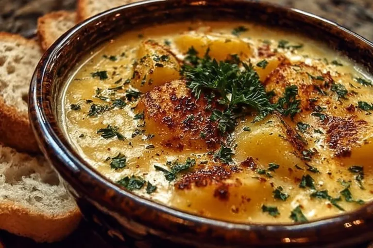 Bowl of hearty cheddar garlic herb potato soup topped with fresh herbs.
