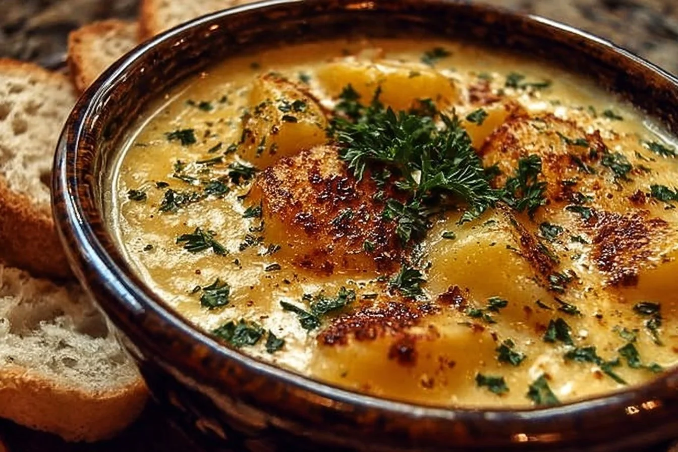 Bowl of hearty cheddar garlic herb potato soup topped with fresh herbs.