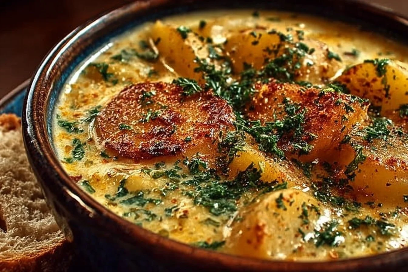 Bowl of hearty cheddar garlic herb potato soup garnished with herbs