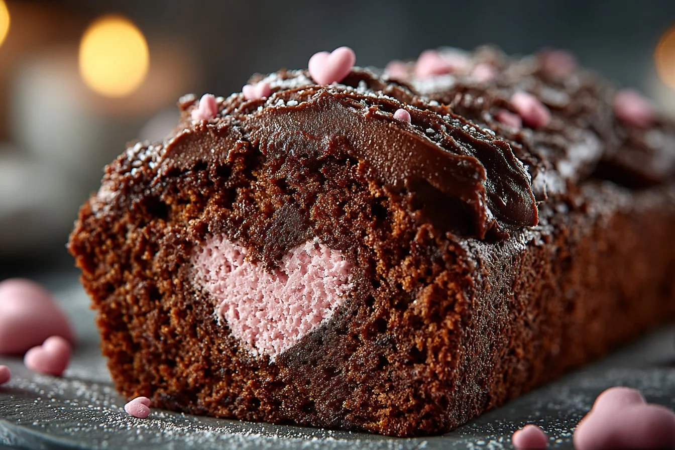 Hidden Heart Chocolate Loaf Cake with a rich chocolate flavor and hidden surprise center