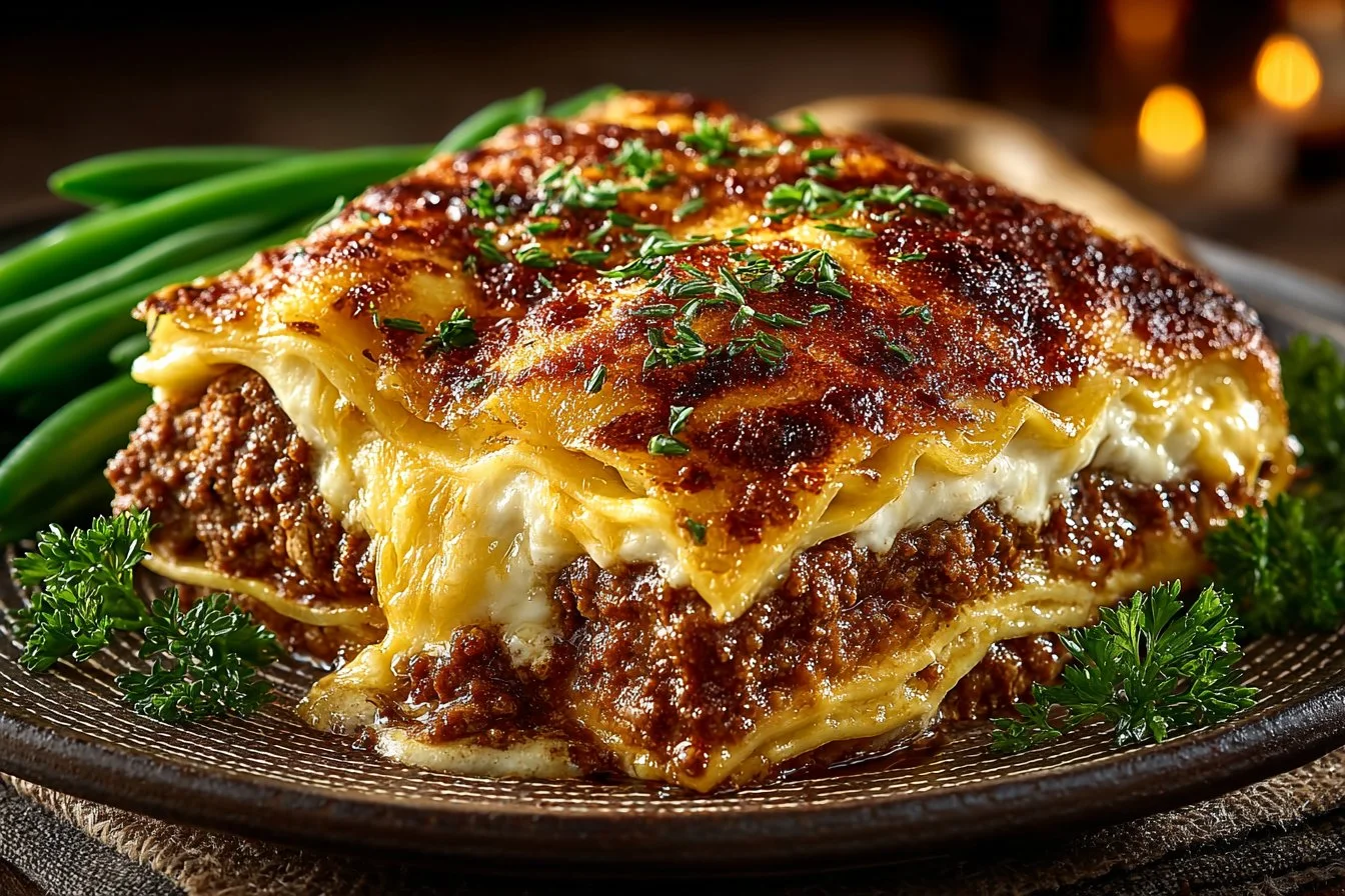 Baked Hobo Casserole with ground beef, vegetables, and cheese in a casserole dish