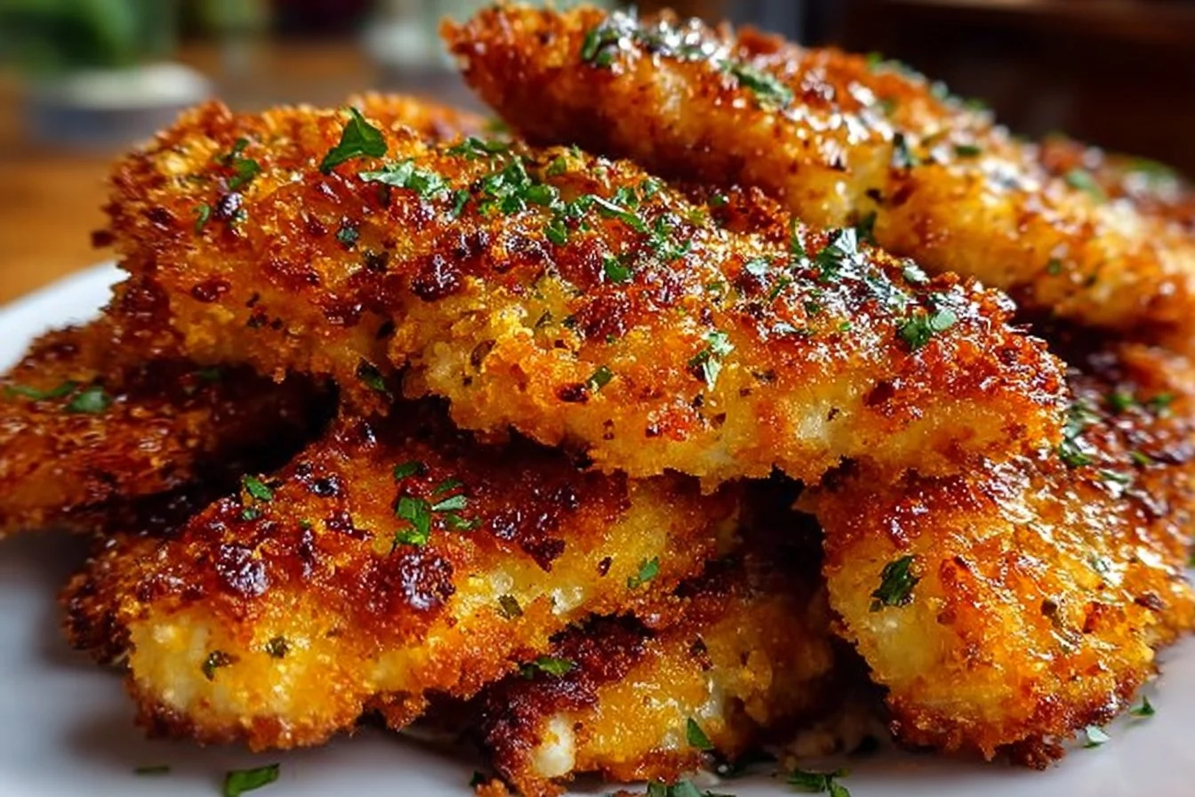 Delicious homemade baked chicken tenders served with dipping sauce.