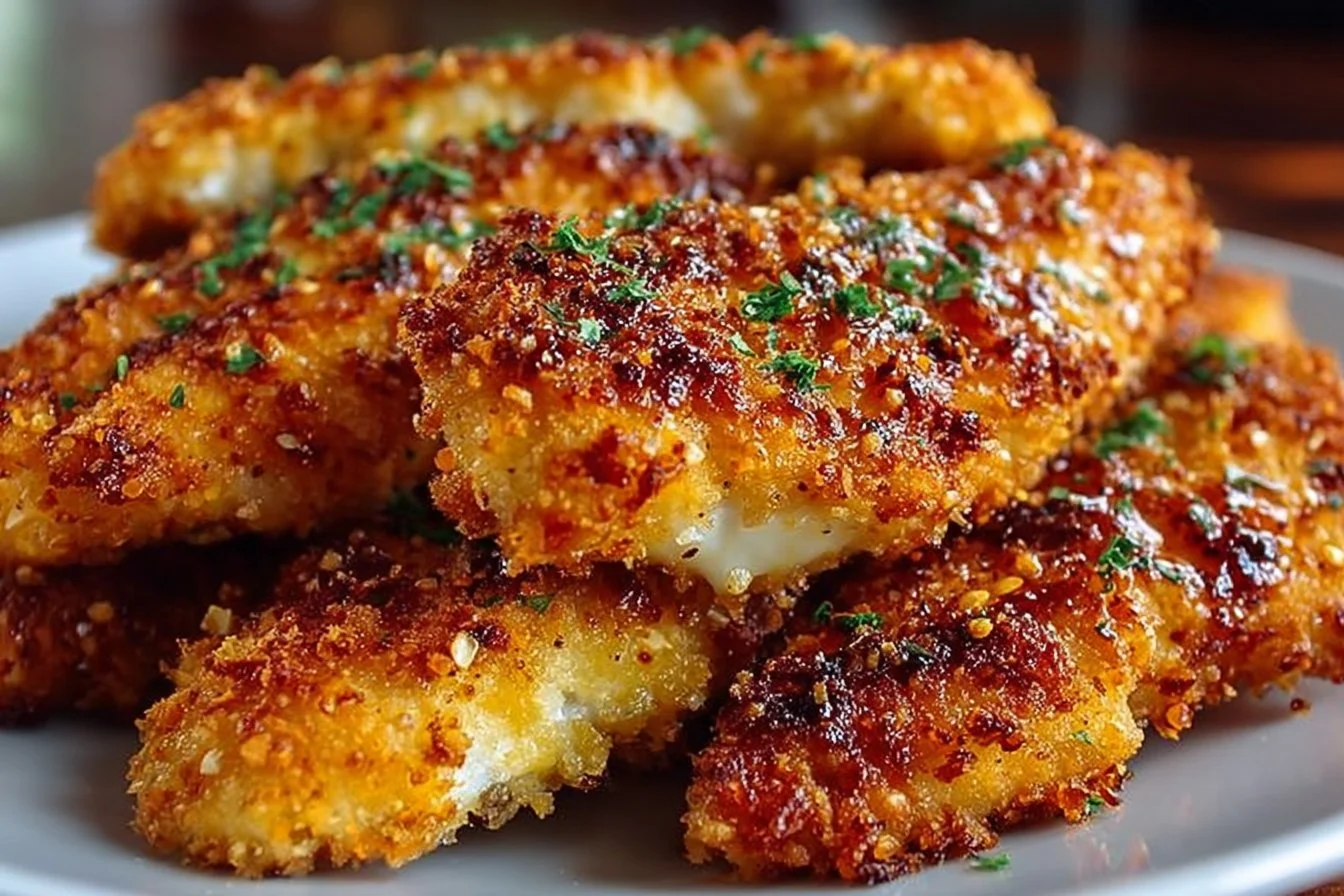 Crispy homemade baked chicken tenders on a plate with dipping sauce