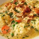 Bowl of homemade chicken and dumplings with herbs and vegetables