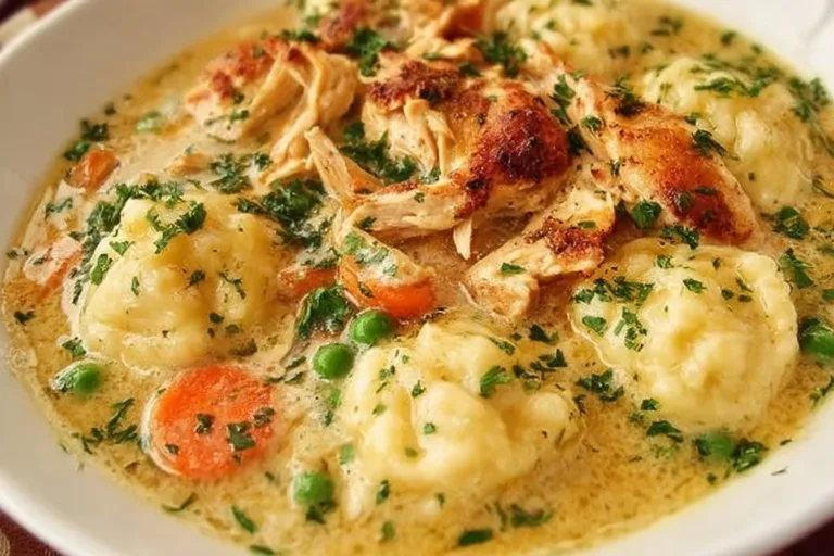 Bowl of homemade chicken and dumplings with herbs and vegetables
