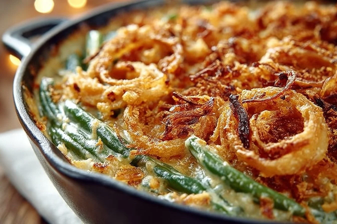 Homemade green bean casserole topped with crispy fried onions in a baking dish.