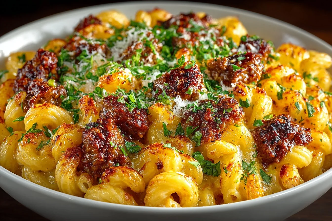 Bowl of Homemade Hamburger Helper with ground beef and pasta
