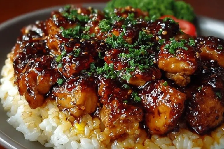 Plate of Honey BBQ Chicken served with rice and garnished with parsley.