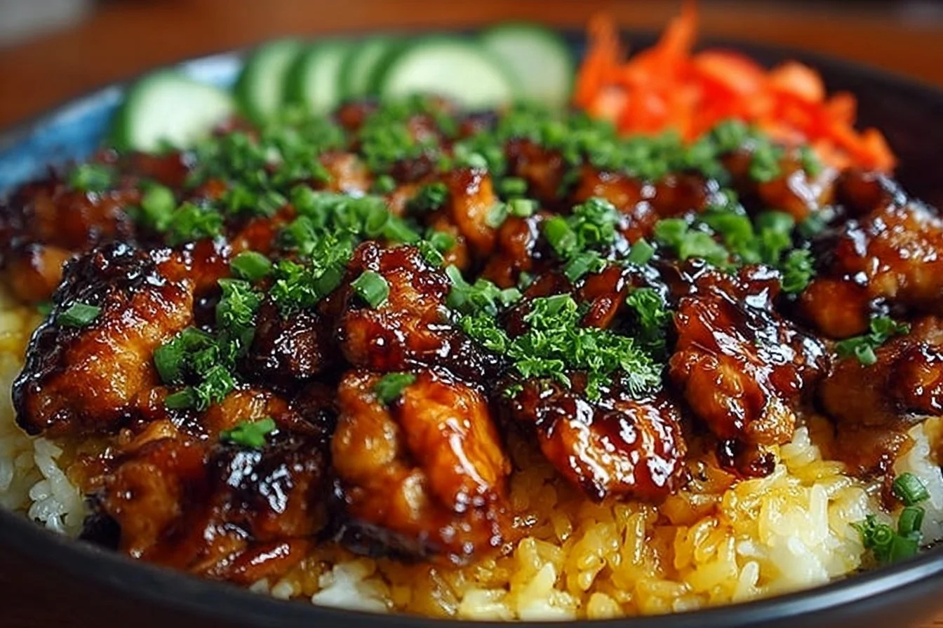 Plate of Honey BBQ Chicken served over rice with garnishes