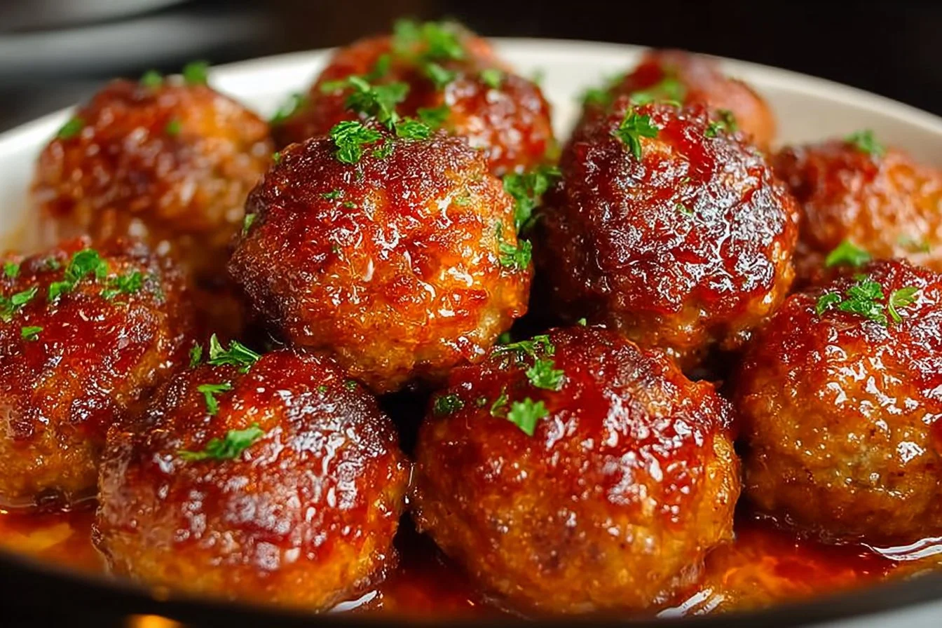 Delicious Honey Buffalo Crockpot Meatballs served on a platter