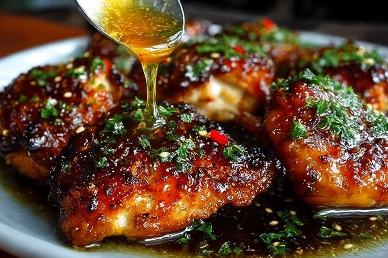Honey Garlic Chicken Thighs served with vegetables on a plate