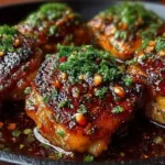 Delicious honey garlic chicken thighs garnished with fresh herbs.