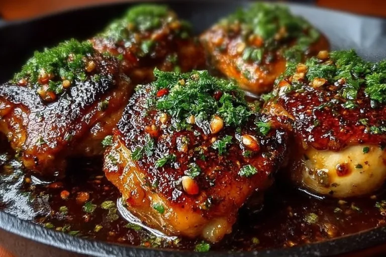 Delicious honey garlic chicken thighs garnished with fresh herbs.