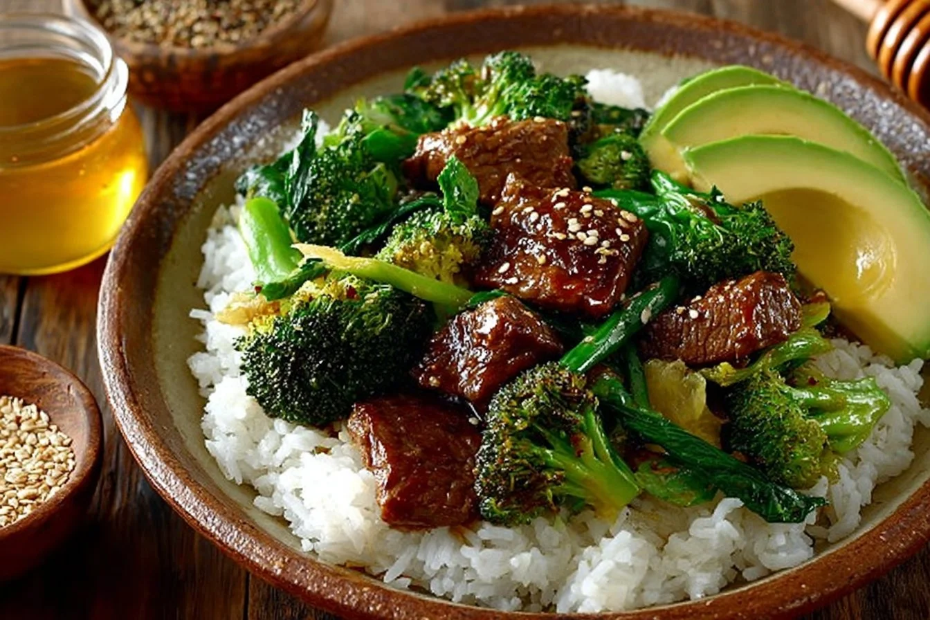 Honey-Garlic Pork Bowls served with rice and vegetables
