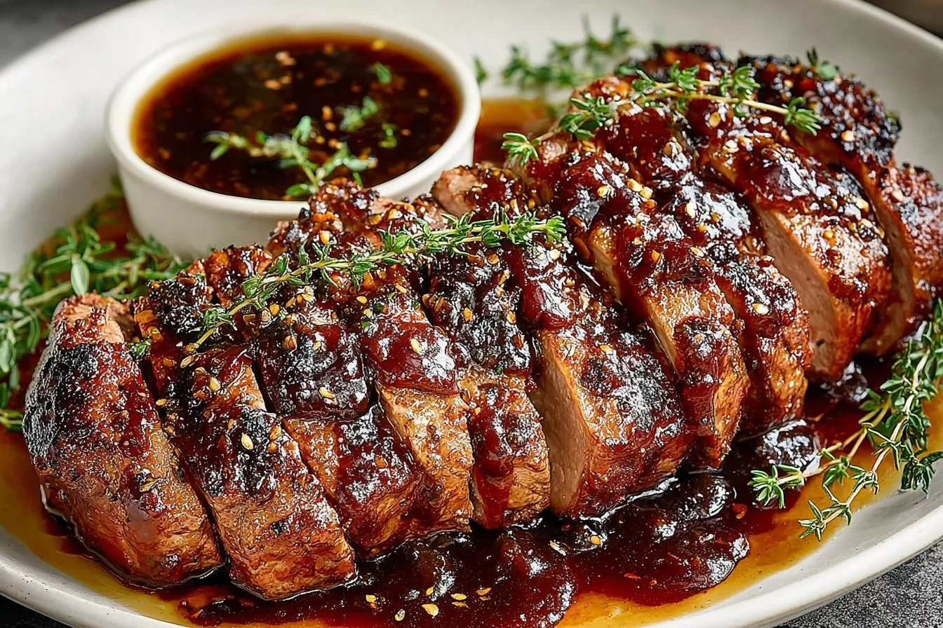Sliced honey garlic pork tenderloin served with vegetables on a plate.