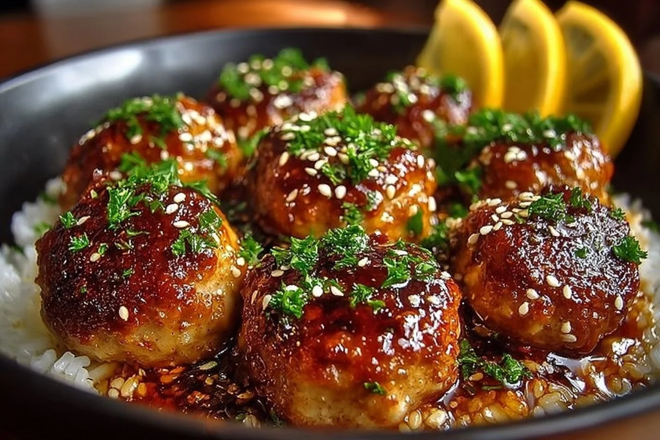 Delicious honey garlic turkey meatballs served on a plate with sauce