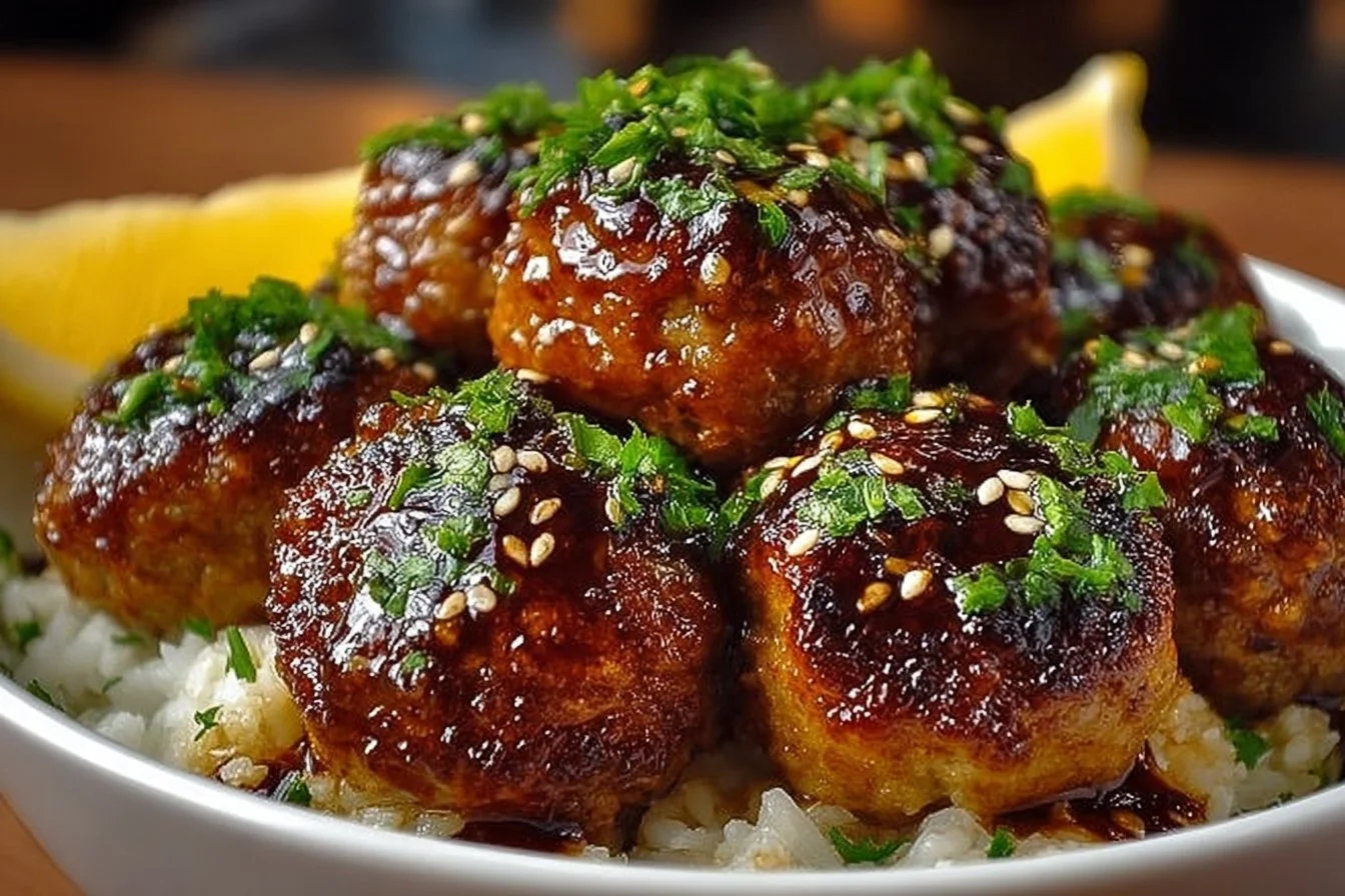 Honey Garlic Turkey Meatballs served on a plate with garnishes