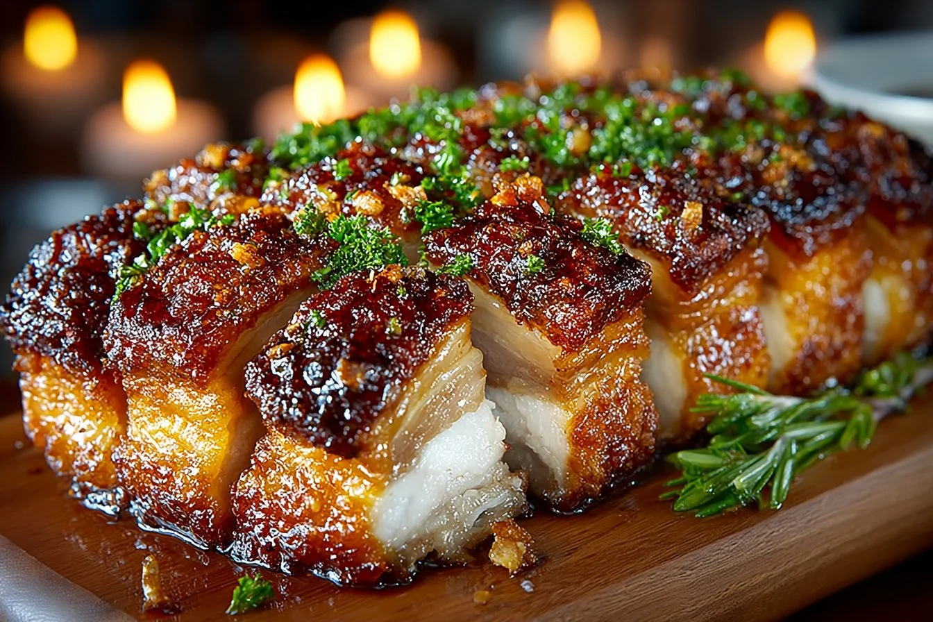Honey glazed crispy pork belly served on a plate