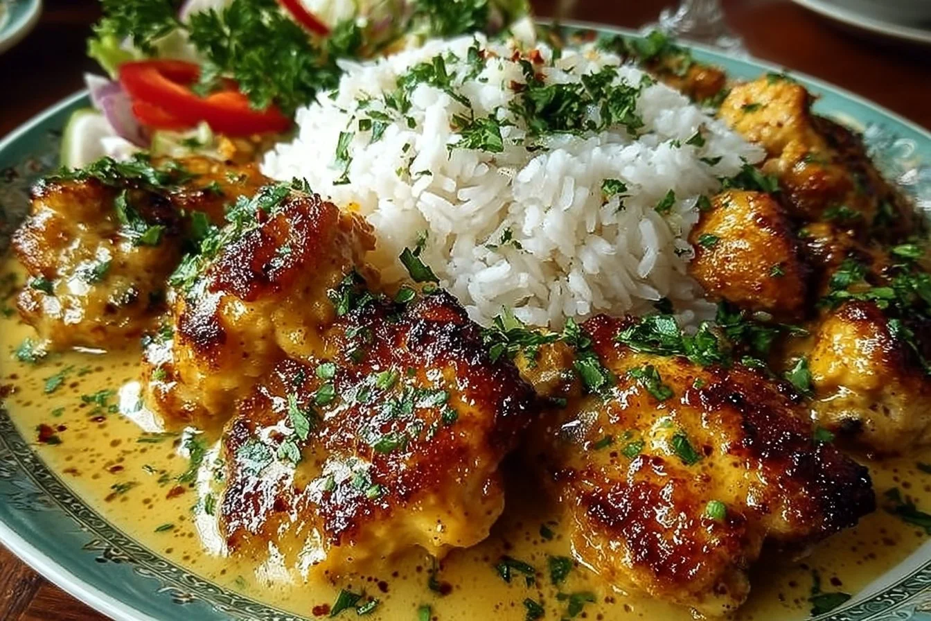 Plate of Honey Mustard Chicken served with rice and garnished with herbs
