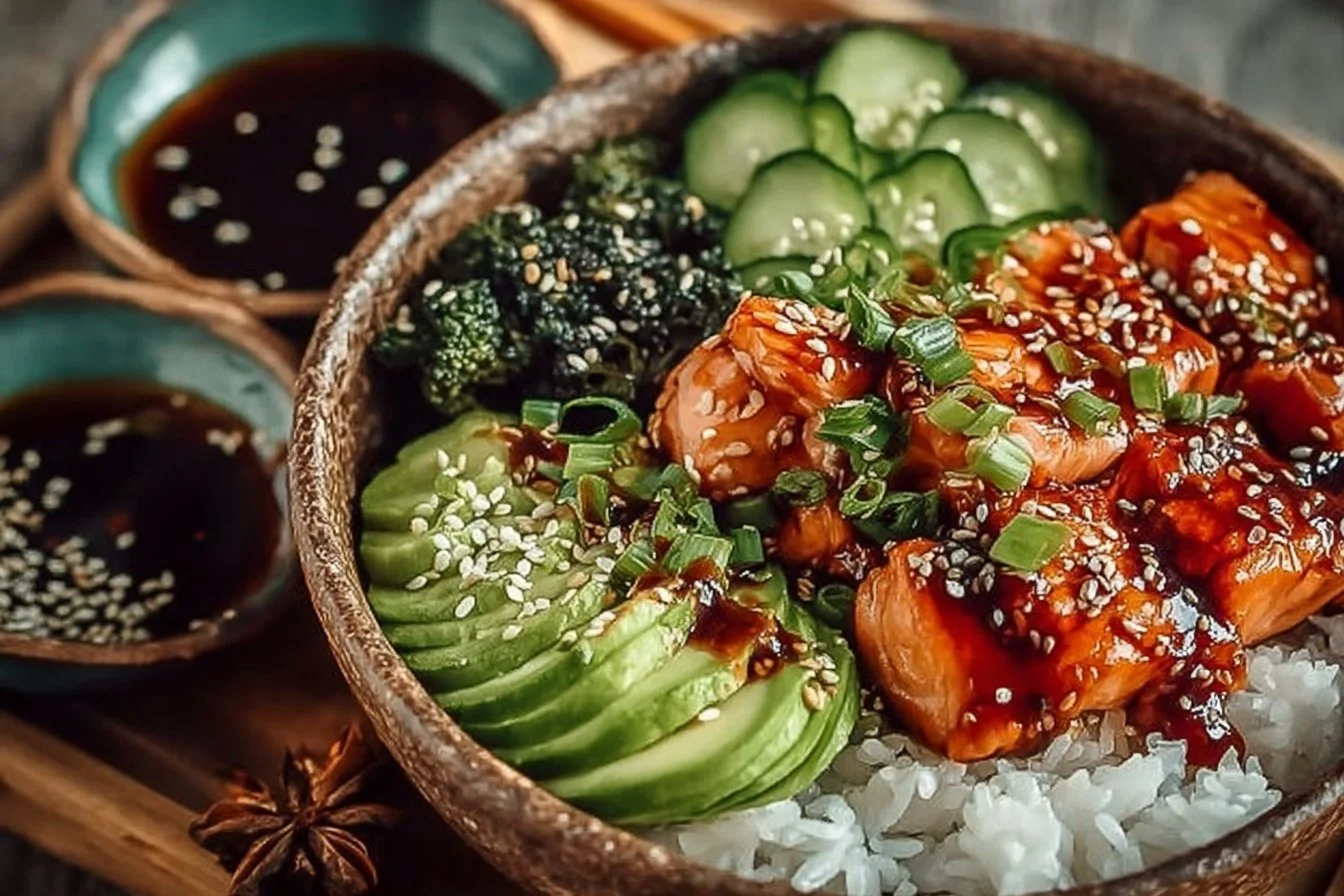 Delicious Honey Sriracha Salmon Bowl topped with fresh vegetables