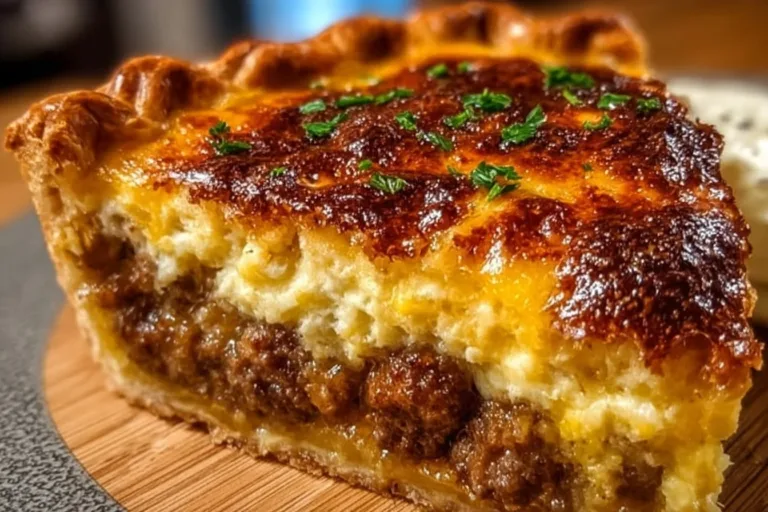 Homemade cheeseburger pie ready to serve with toppings.