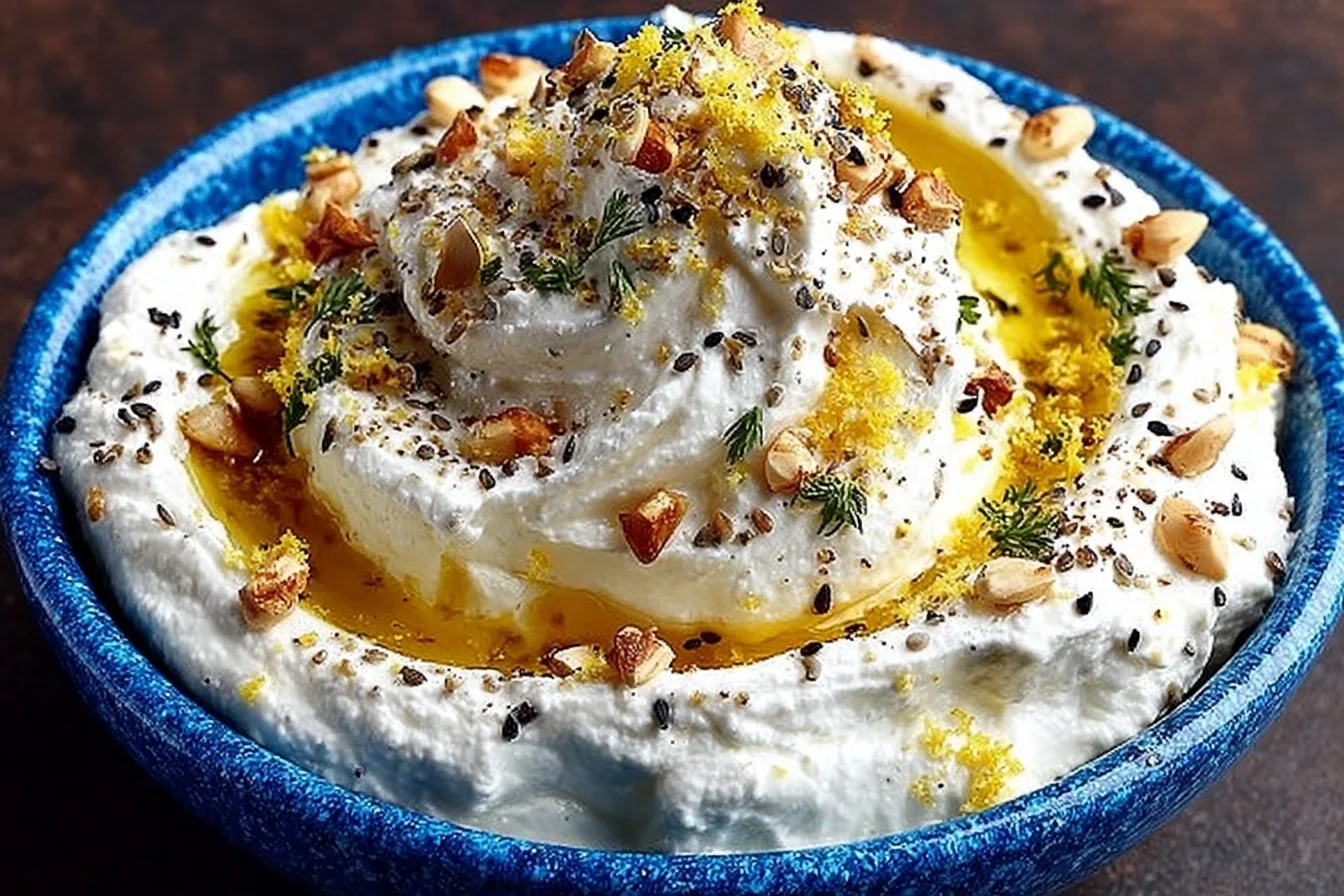 Homemade labneh yogurt cheese served with herbs and olive oil