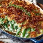 Ina Garten's green bean casserole served in a dish, ready for a holiday meal.