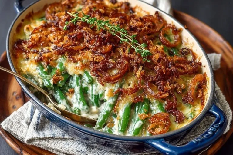 Ina Garten's green bean casserole served in a dish, ready for a holiday meal.