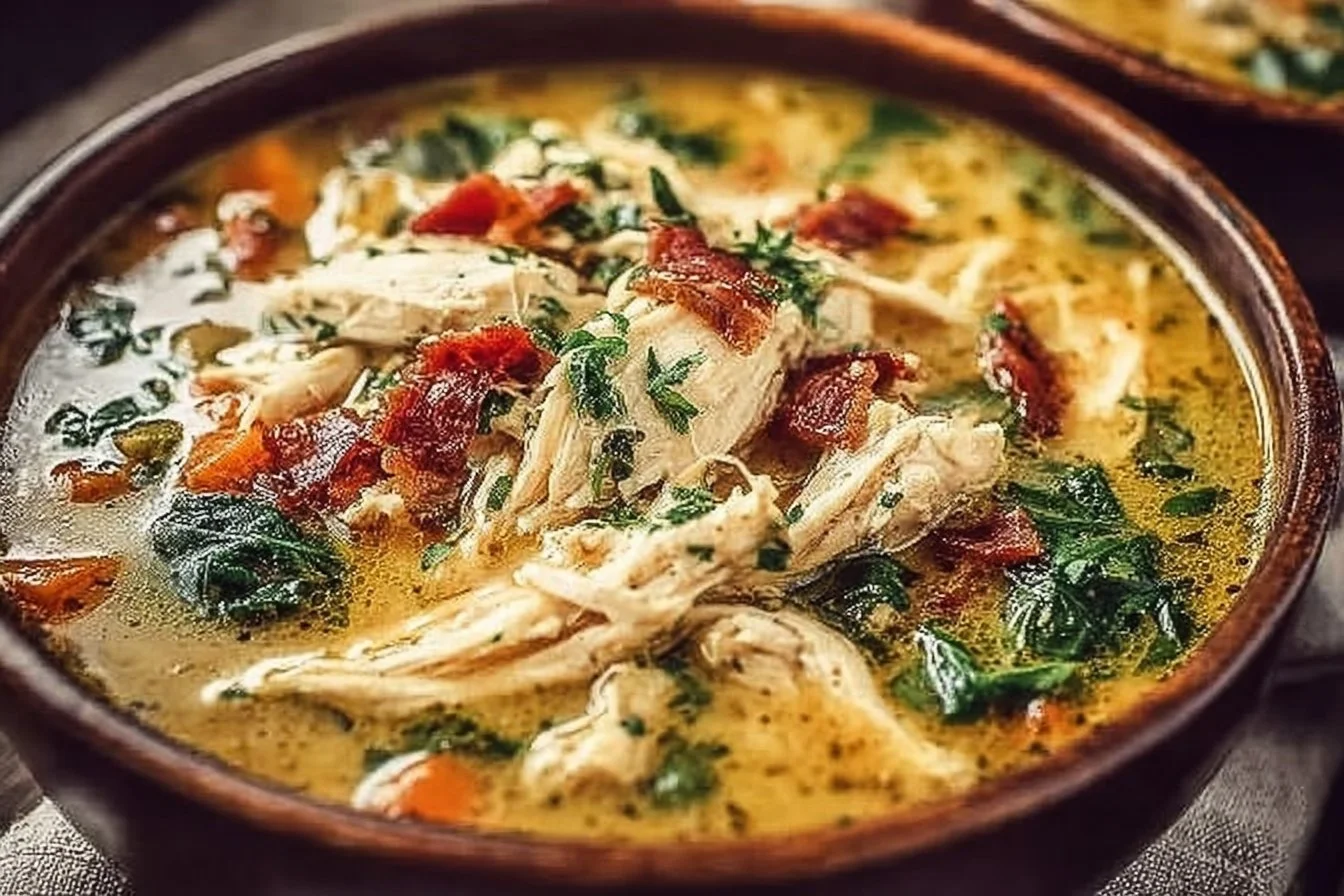 Bowl of creamy Instant Pot Crack Chicken Soup with herbs and toppings