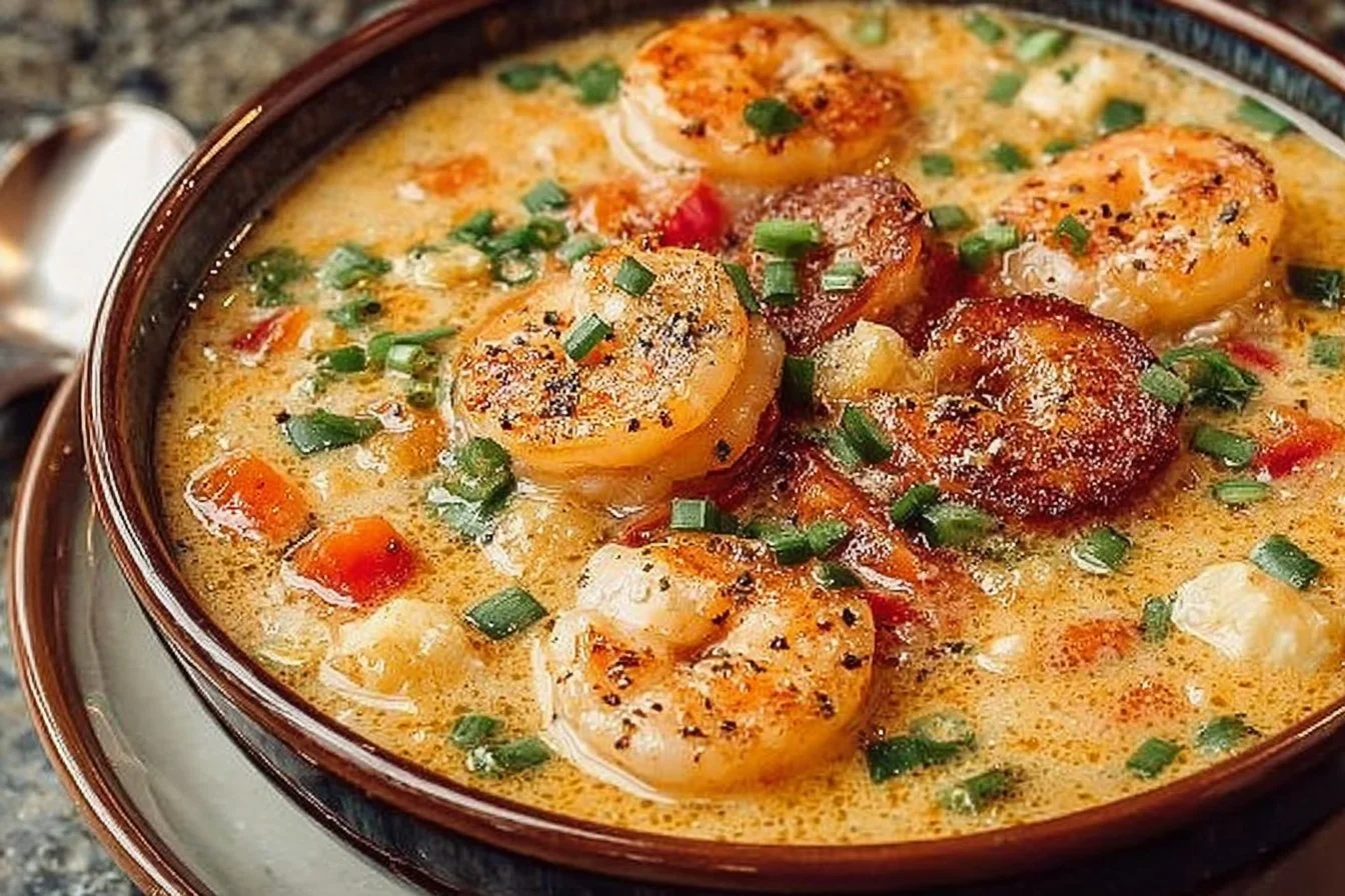 Delicious bowl of Instant Pot Creamy Shrimp Soup garnished with herbs