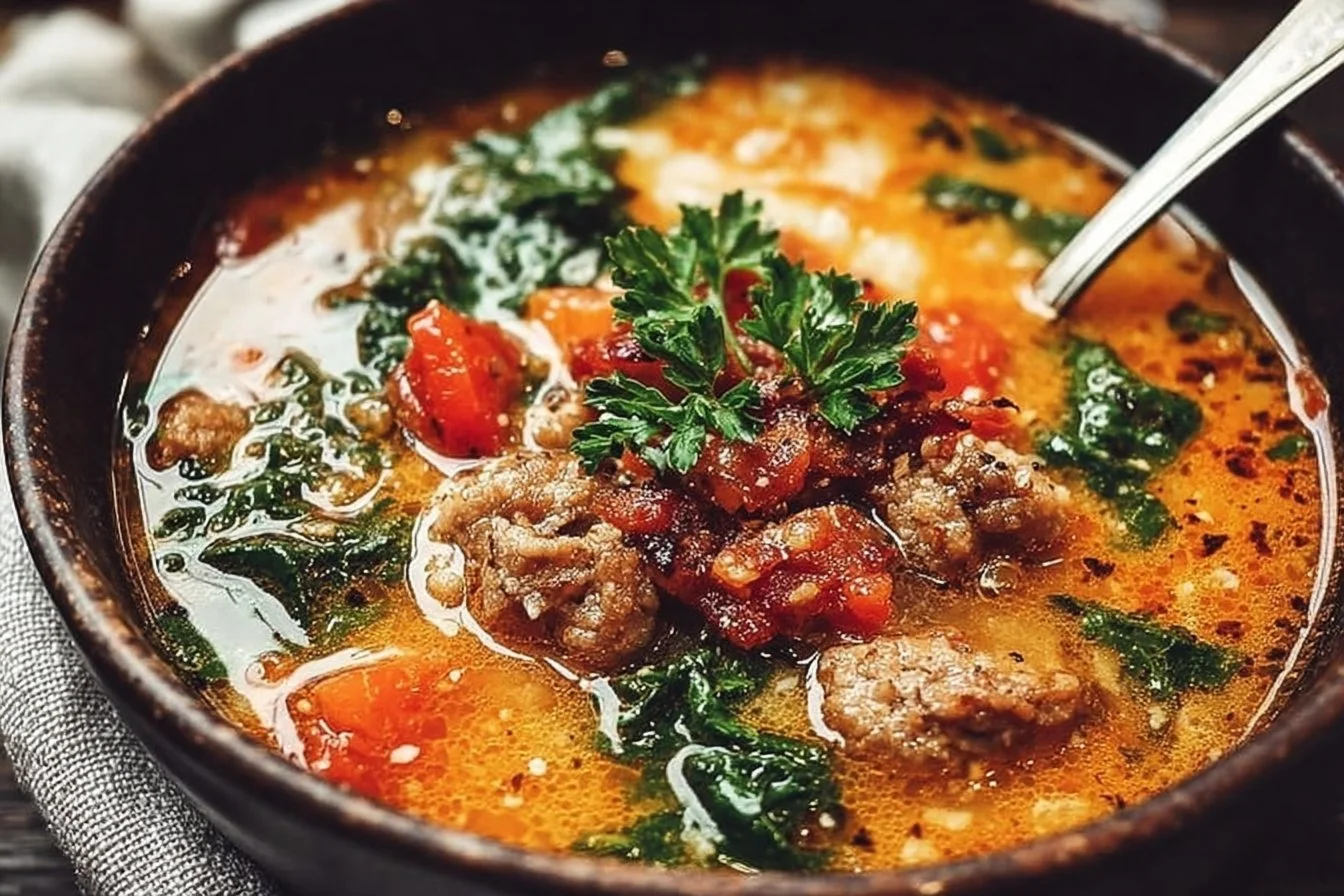 Instant Pot Keto Tuscan Soup in a bowl garnished with herbs