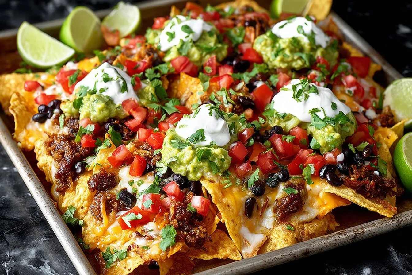 Instant Pot pulled pork nachos topped with cheese and jalapeños