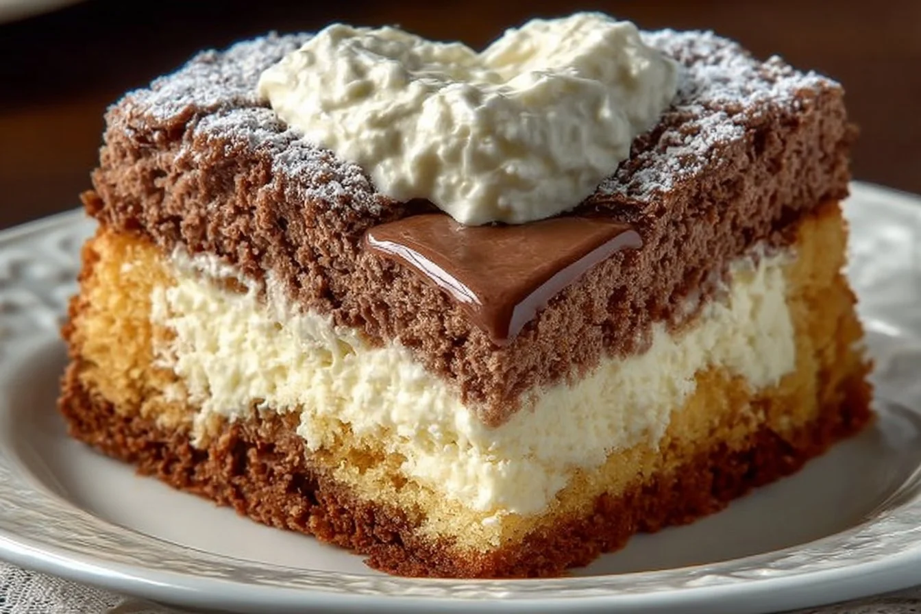 Slice of Italian Love Cake topped with powdered sugar and berries