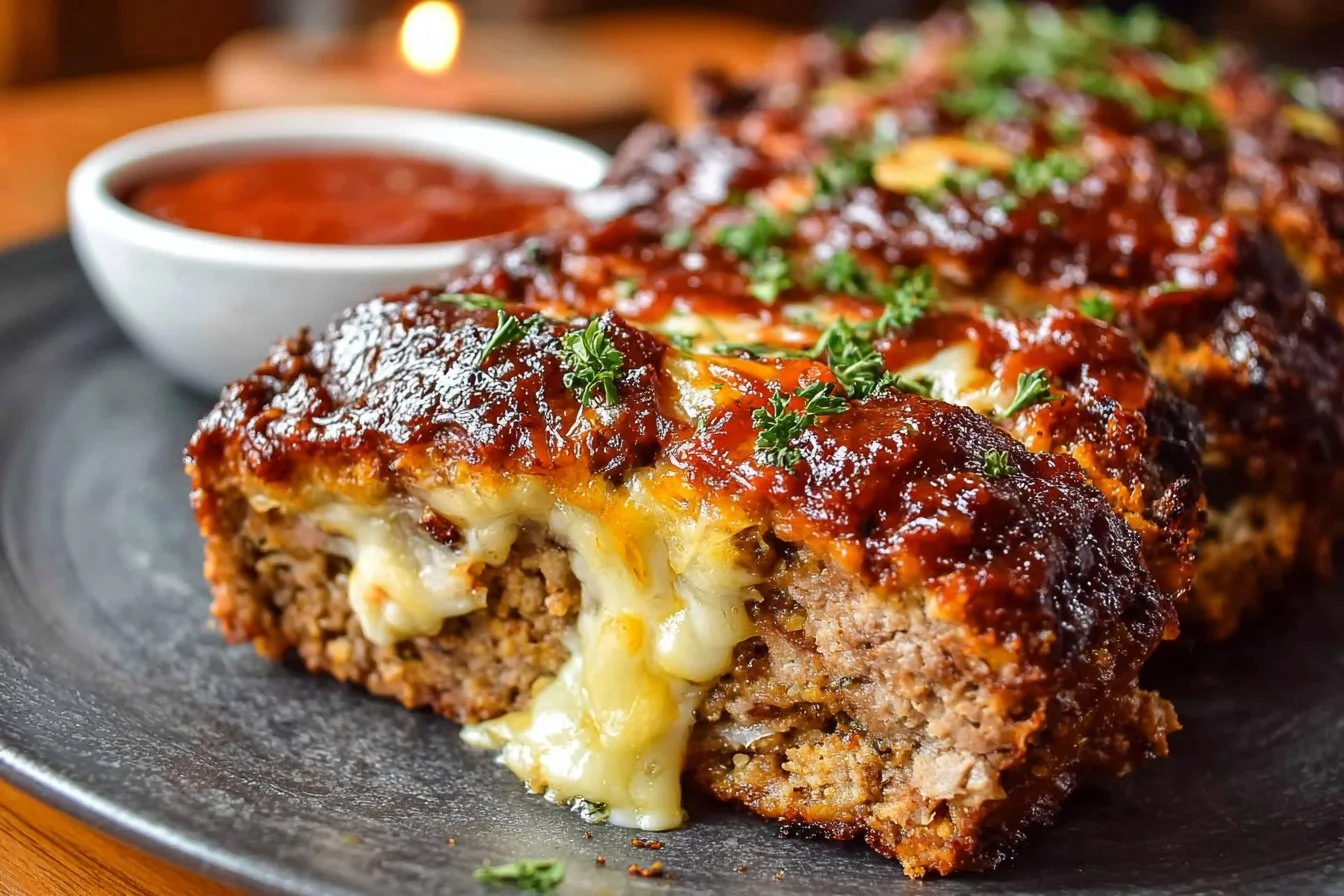 Delicious Italian Meatloaf served with marinara sauce and herbs