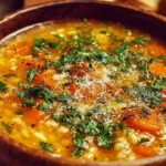 Bowl of Italian Penicillin Soup garnished with fresh herbs and vegetables