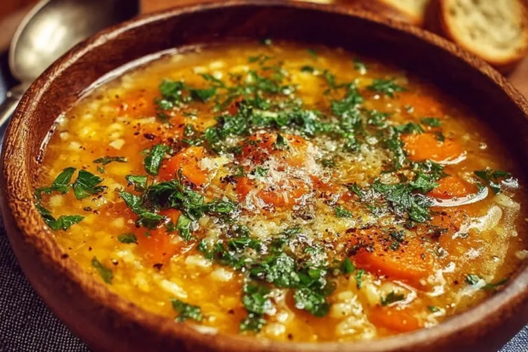Bowl of Italian Penicillin Soup garnished with fresh herbs and vegetables
