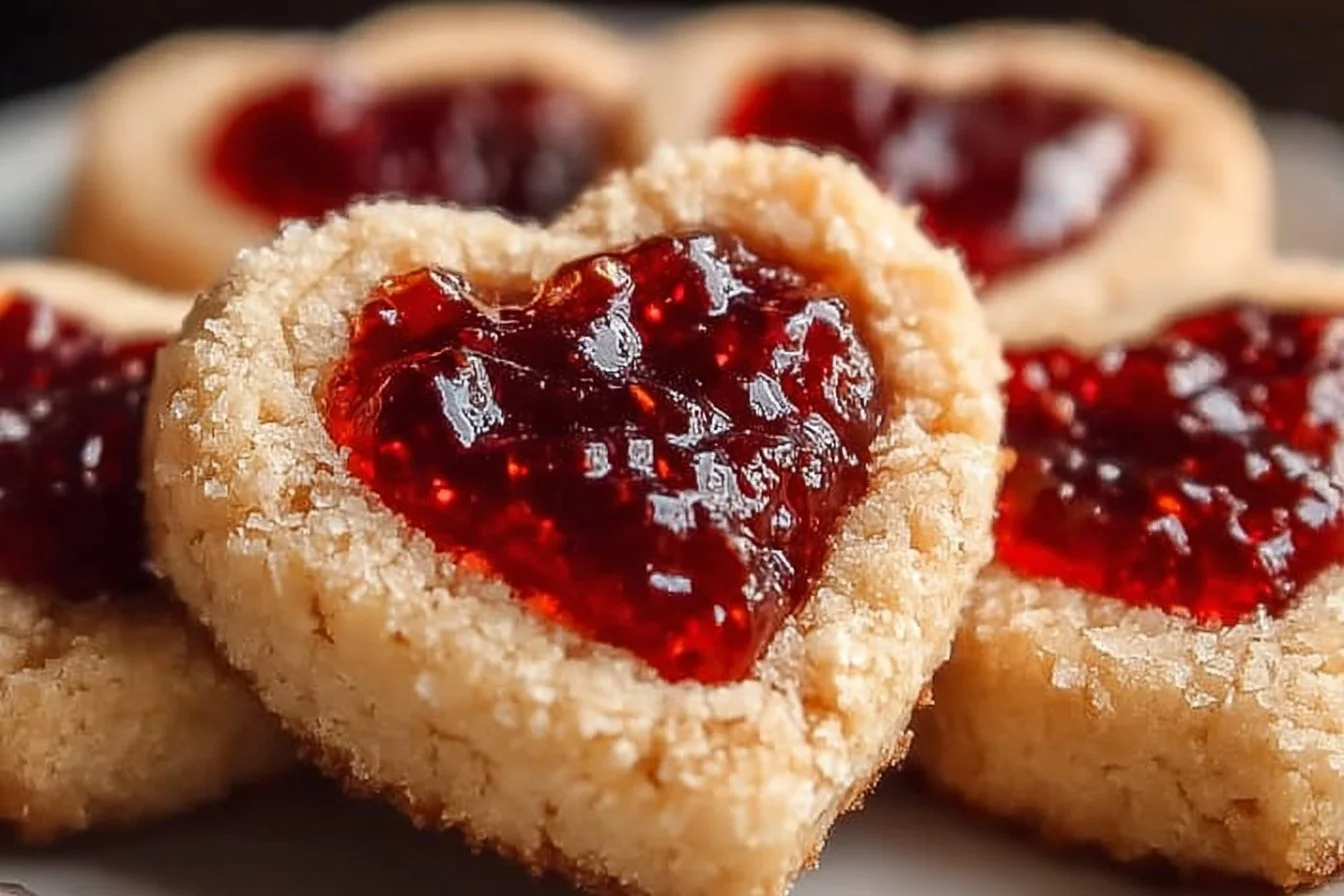 Freshly baked jam heart cookies with a colorful fruit filling