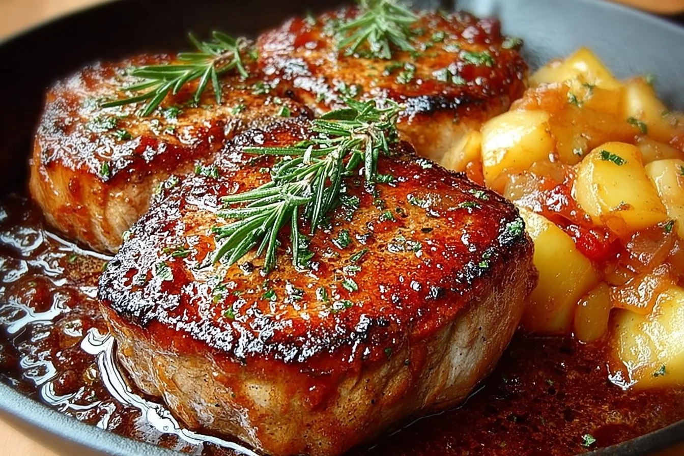 Delicious apple butter pork chops garnished with herbs on a plate.