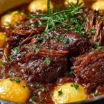 Delicious French onion pot roast served with vegetables and herbs