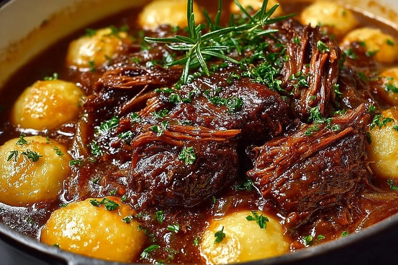 Delicious French onion pot roast served with vegetables and herbs