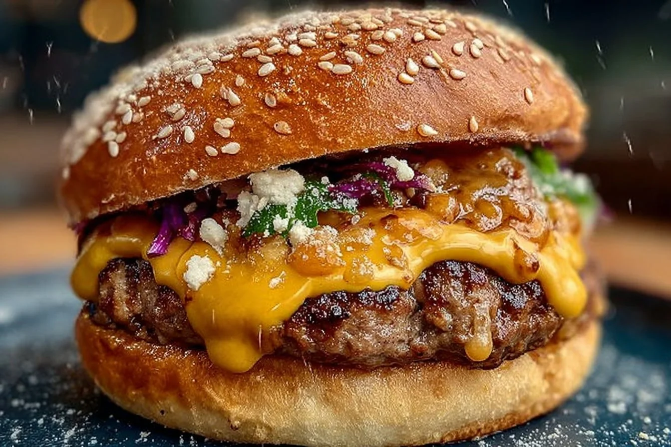 Perfectly seared juicy smash burger with toppings