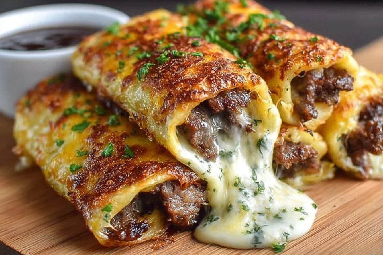 Keto Philly Cheesesteak Rolls with melted cheese and peppers