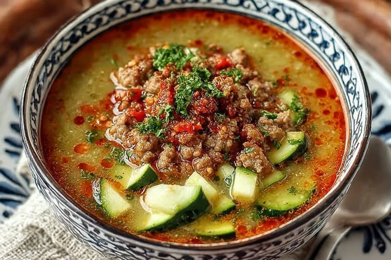 Bowl of creamy Keto Zucchini Soup garnished with herbs