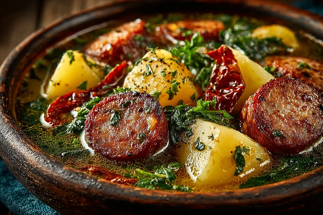 Bowl of hearty kielbasa potato soup garnished with fresh herbs