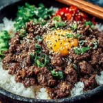 Korean Ground Beef and Rice Bowls garnished with vegetables and sesame seeds