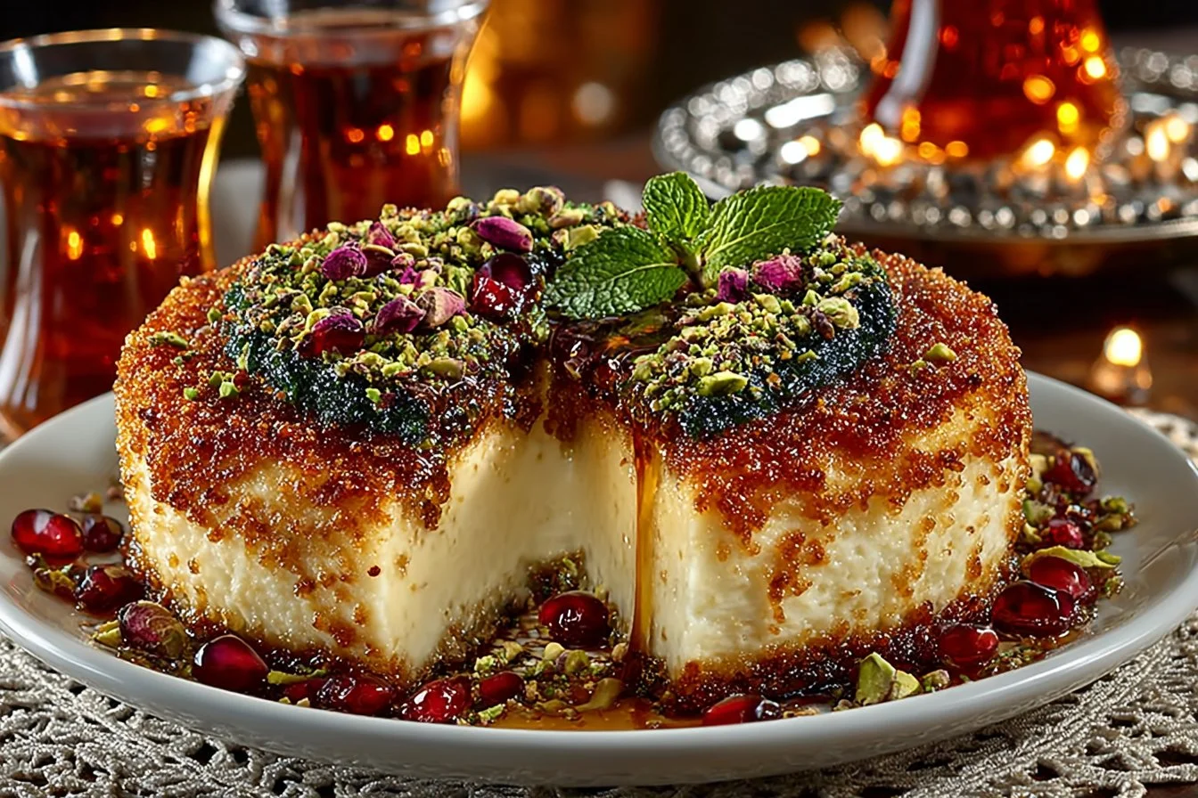 Delicious Kunafa dessert topped with mozzarella cheese served on a plate