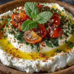 A bowl of creamy labneh served with olive oil and herbs, ideal for dipping and spreads.
